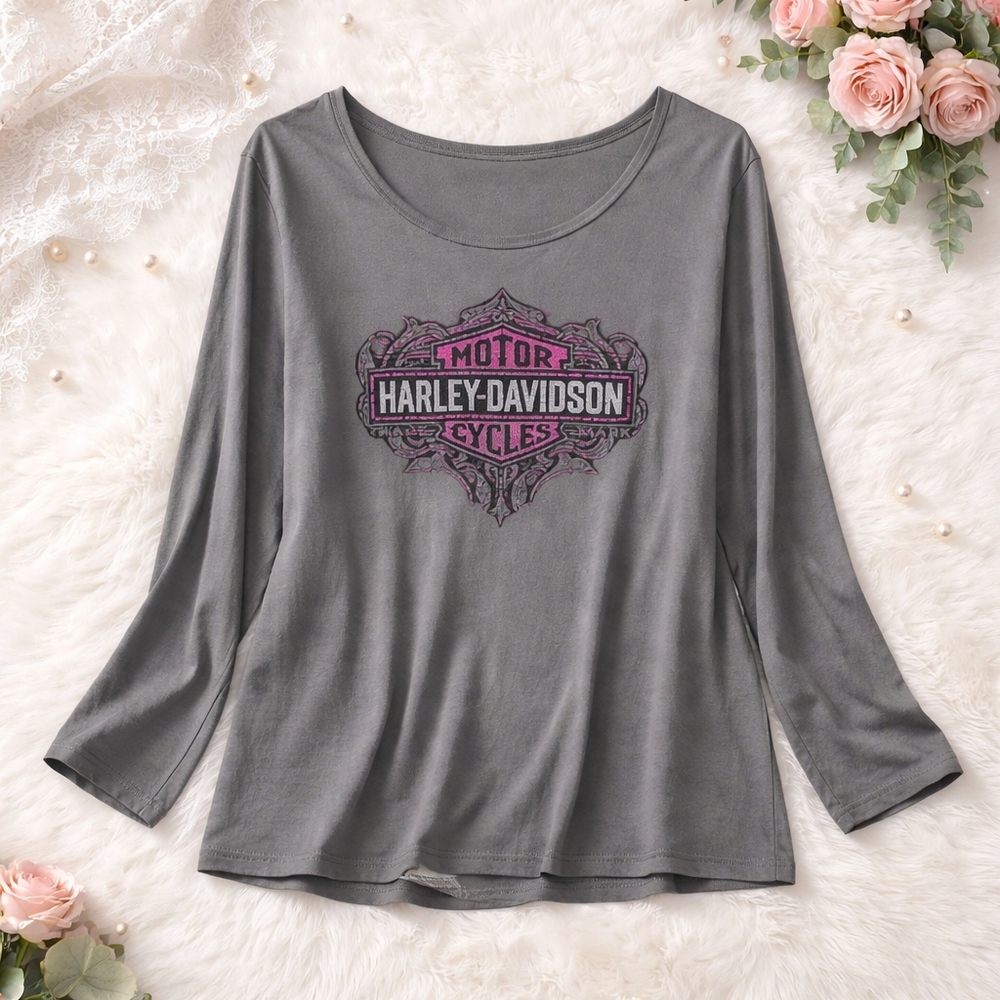 Harley-Davidson Gray Long Sleeve Tee with Pink Logo Accents XXXL